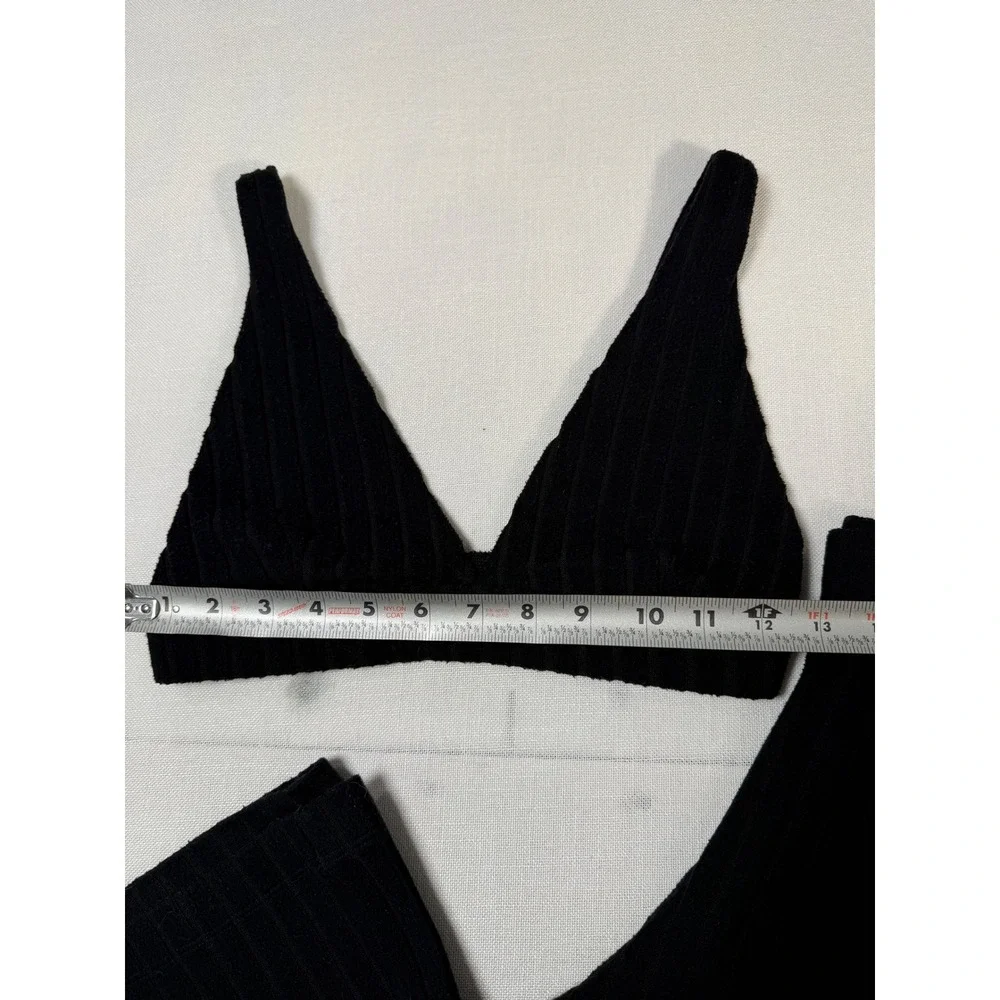 Alo Yoga Black Ribbed Knit Bralette and Wide Leg Pants Lounge Set Womens small